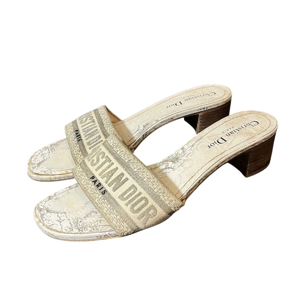 Christian Dior Dway Heeled Slide Women 39.5 Gold Beige Embroidered Sandal